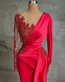 Chic Satin Long Sleeves Ruby Lace Appliques Ruffles Mermaid Prom Dresses