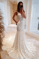 Chic Sleeveless Lace Beach Wedding Dress Mermaid Bridal Gowns Online