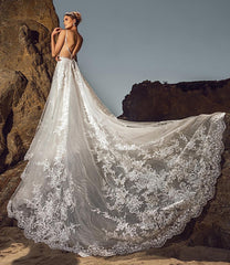 Chic Sleeveless V-Neck Beach Wedding Dress Aline Tulle Brial Dress with Lace Appliques& Pockets