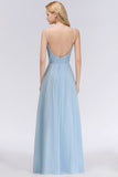Chic Spaghetti Straps Ruggle Chiffon Bridesmaid Dress Sky Blue Elegant Wedding Party Dress