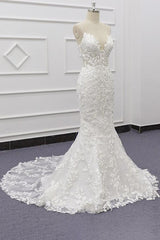 Chic Spaghetti Straps Sleeveless Mermaid Beach Wedding Dress | White Lace Bridal Gowns With Appliques