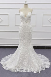 Chic Spaghetti Straps Sleeveless Mermaid Beach Wedding Dress | White Lace Bridal Gowns With Appliques