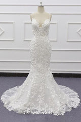 Chic Spaghetti Straps Sleeveless Mermaid Beach Wedding Dress | White Lace Bridal Gowns With Appliques