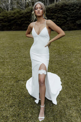 Chic Spaghetti Straps V Neck White Satin Backless Split Mermaid Prom Dresses