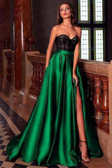 Chic Strapless Jade Green Satin Sheath Prom Dresses With Front-Split