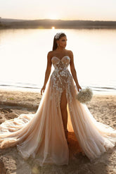 Chic Sweetheart Long Glitter Lace Beach Bridal Dress With Split