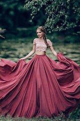 Chic Top-Lace A-Line Two-Pieces Prom Dresses Short-Sleeves Jewel Evening Gowns