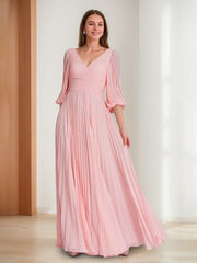 Chic V Neck A Line Dress with 3/4 Sleeves and Pleated Chiffon for Mothers of the Bride & Groom
