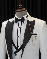Chic White 3 Piece Jacquard Wedding Suit for Men