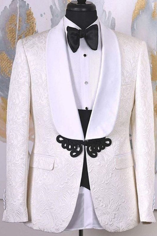 Chic White Shawl Lapel 2 Piece Jacquard Wedding Suit
