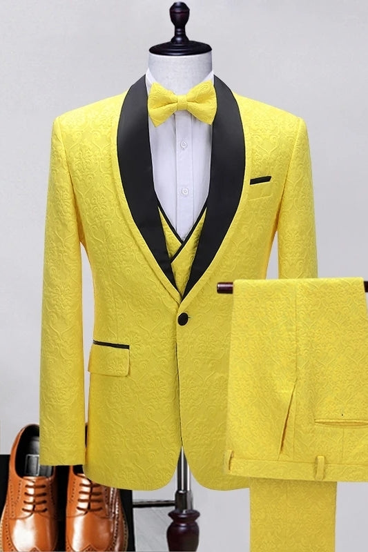 Chic Yellow Shawl Lapel 3 Piece Jacquard Prom Suit