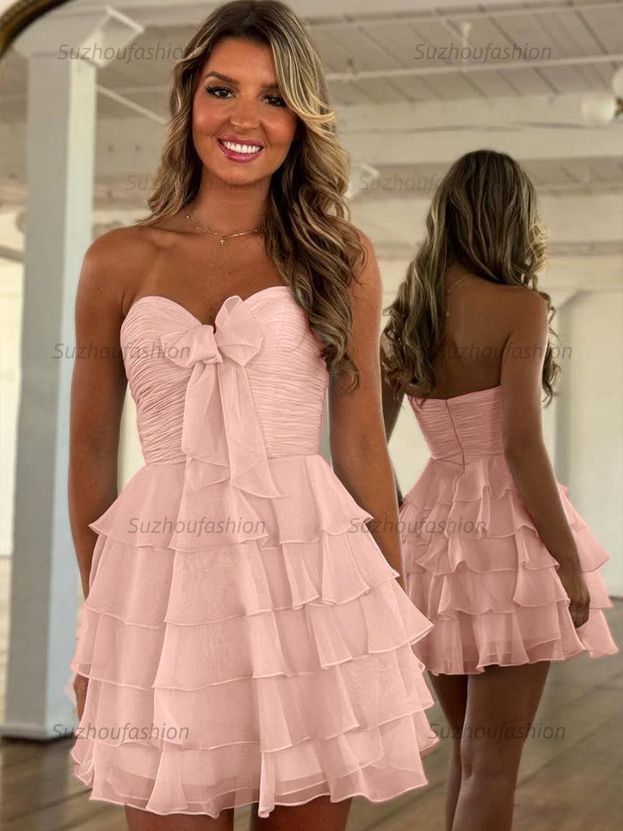 Chiffon A Line Tiered Short Homecoming Dress with Ruffles