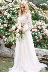 Chiffon Long-Sleeves Lace Two-Piece A-line Elegant Beach Wedding Dresses