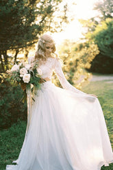 Chiffon Long-Sleeves Lace Two-Piece A-line Elegant Beach Wedding Dresses