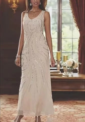 Chiffon Mother of the Bride Dress 3/4 Sleeve Wedding Guest Dress with Beadings
