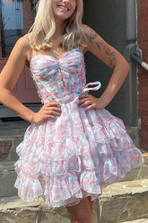 Suzhoufashion Chiffon Printing Ruffle Mini Ball Gown Homecoming Dress With Bow