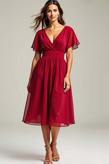 Chiffon Red Wedding Guest Dress V-Neck Knee Length Formal Dress With Short Sleeves