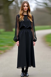 Chiffon Sleeves A Line Black Wedding Guest Dress Formal Dress