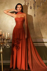 Chiffon Strapless Sleeveless Long Evening Formal Dress With Ruffled Pleated
