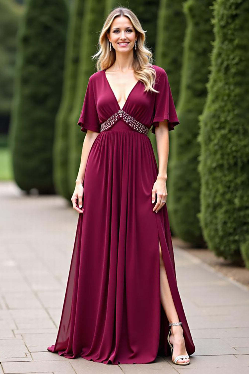 Suzhoufashion Chiffon V-Neck Burgundy Wedding Guest Dress Formal Dress With Beading Suzhoufashion Chiffon V-Neck Burgundy Wedding Guest Dress Formal Dress With Beading