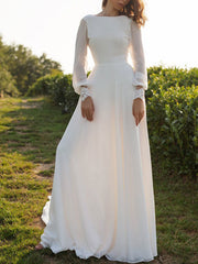 Chiffon White Long Sleeves Backless Lace A-Line Beach Wedding Dresses