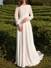 Chiffon White Long Sleeves Backless Lace A-Line Beach Wedding Dresses