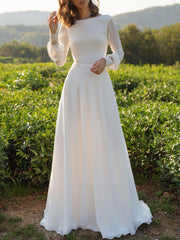 Chiffon White Long Sleeves Backless Lace A-Line Beach Wedding Dresses