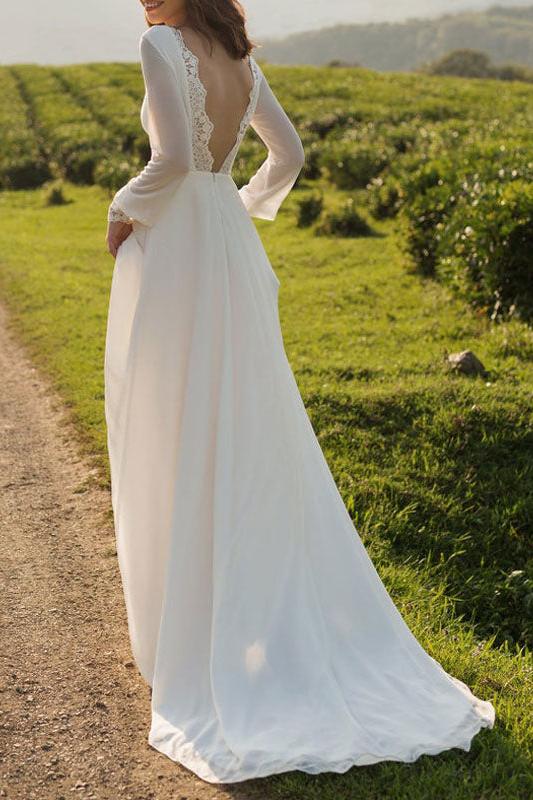 Chiffon White Long Sleeves Backless Lace A-Line Beach Wedding Dresses