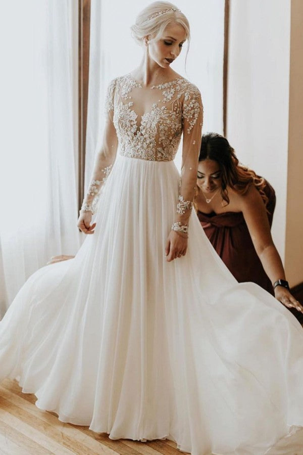 Chiffon wedding Dress Long Sleeves Floral lace A-line Bridal Dress | Suzhoufashion suzhoufashion Chiffon wedding Dress Long Sleeves Floral lace A-line Bridal Dress | Suzhoufashion suzhoufashion