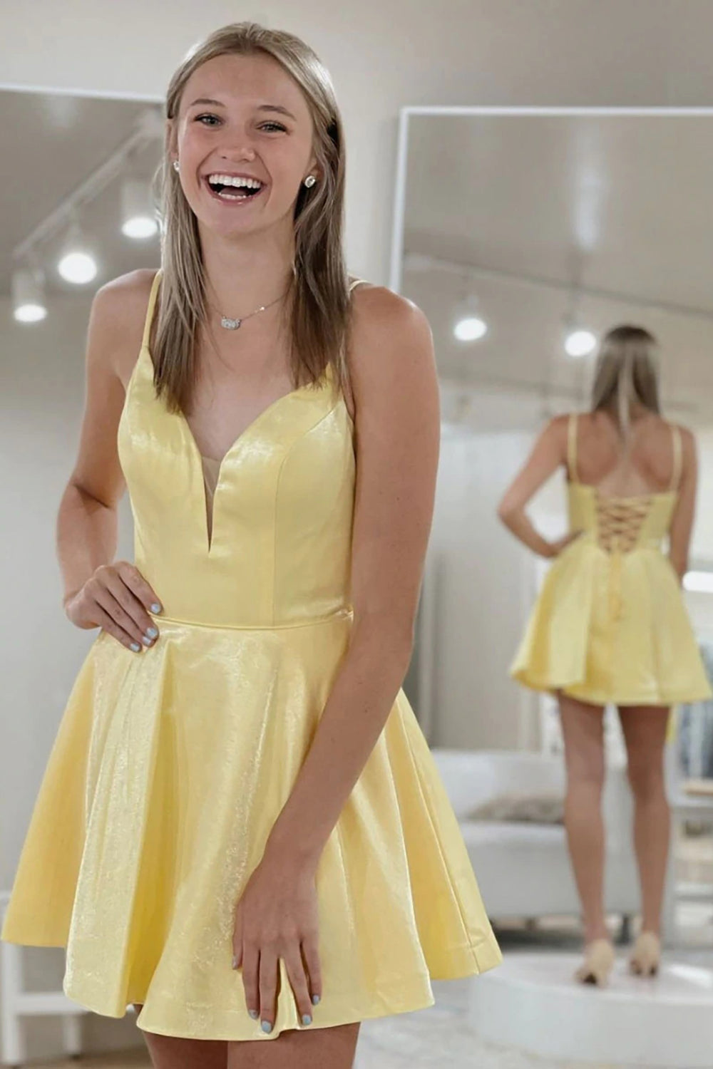 Classic A Line Spaghetti Straps Yellow Homecoming Dresses Prom Dress with Criss Cross