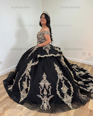 Classic Ball Gown Off Shoulder Lace Appliques Tiered Ruffles Black Tulle Off Shoulder Princess Party Gown Quinceanera Dress For Sweet 16 Dress