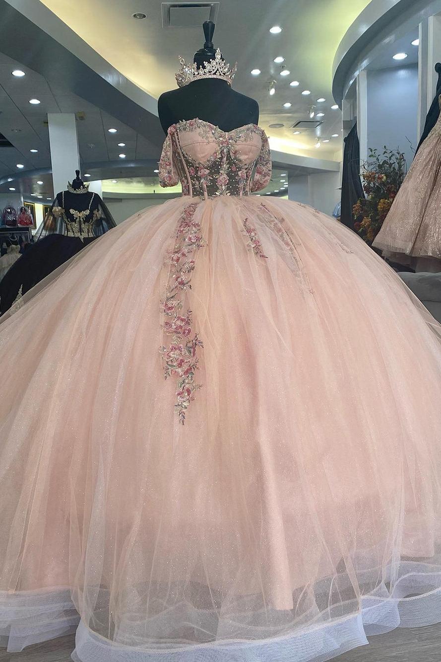 Classic Ball Gown Sweetheart Neck Off Shoulder Sleeveless Flower Lace Appliques Baby Pink Tulle Princess Prom Party Gown Quinceanera Dress For Sweet Classic Ball Gown Sweetheart Neck Off Shoulder Sleeveless Flower Lace Appliques Baby Pink Tulle Princess Prom Party Gown Quinceanera Dress For Sweet
