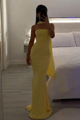Classic Mermaid Strapless Yellow Long Prom Dress With Scarf Formal Evening Gown
