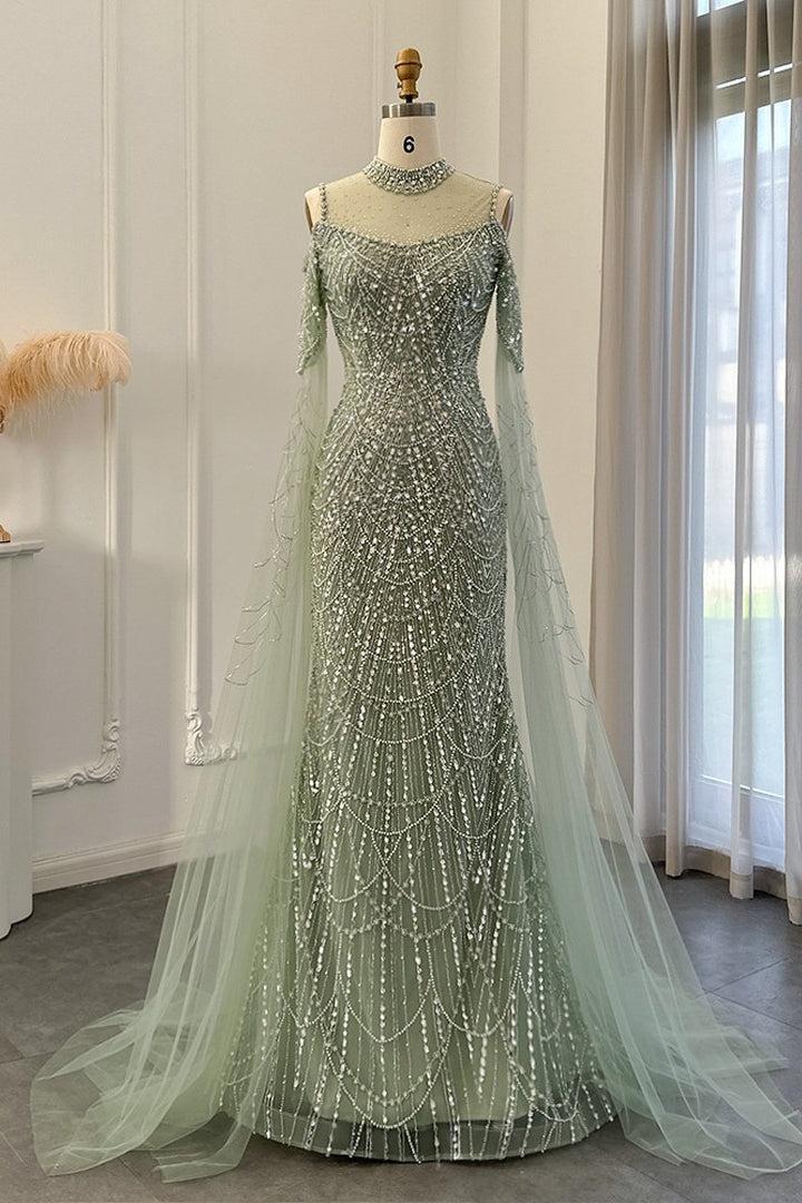 Classy High Neck Pearls Prom Dress Mermaid Long With Ruffle – suzhoufashion