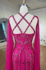 Classy Hot Pink Beadings Evening Dress Mermaid Long With Ruffle