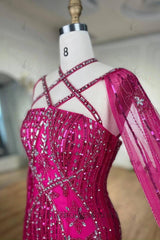 Classy Hot Pink Beadings Evening Dress Mermaid Long With Ruffle