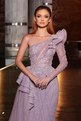 Classy One Shoulder Long Sleeve Sequins Evening Dresses With Ruffles