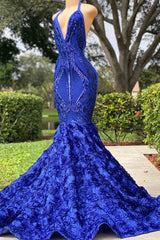 Classy Royal Blue Halter Long Sleeveless Lace Mermaid Prom Dresses