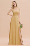 Classy Spaghetti Slim Side Split Bridesmaid Dress Sky Blue V-Neck Wedding Party Dress