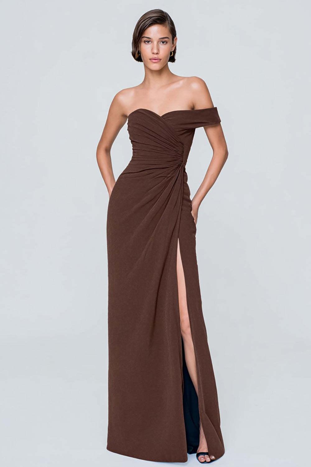 Suzhoufashion Coffee Asymmetrical Neck One Shoulder Ruched Long Prom Dress With Slit