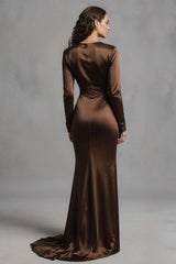 Suzhoufashion Coffee Mermaid Crew Neck Ruched Long Satin Prom Dress
