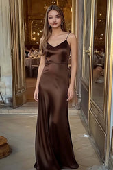 Coffee Prom Dress Satin Spaghetti Straps Sheath Long Formal Dress
