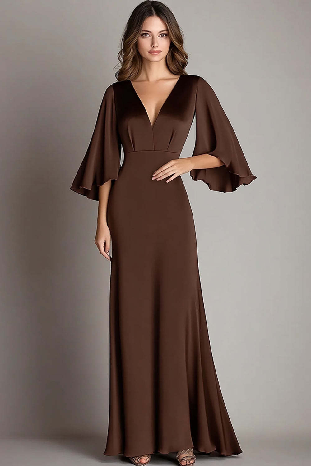 coffee brown prom dress Suzhoufashion Coffee Prom Dress Satin V Neck Sheath Long Formal Dress With 3/4 Sleeves