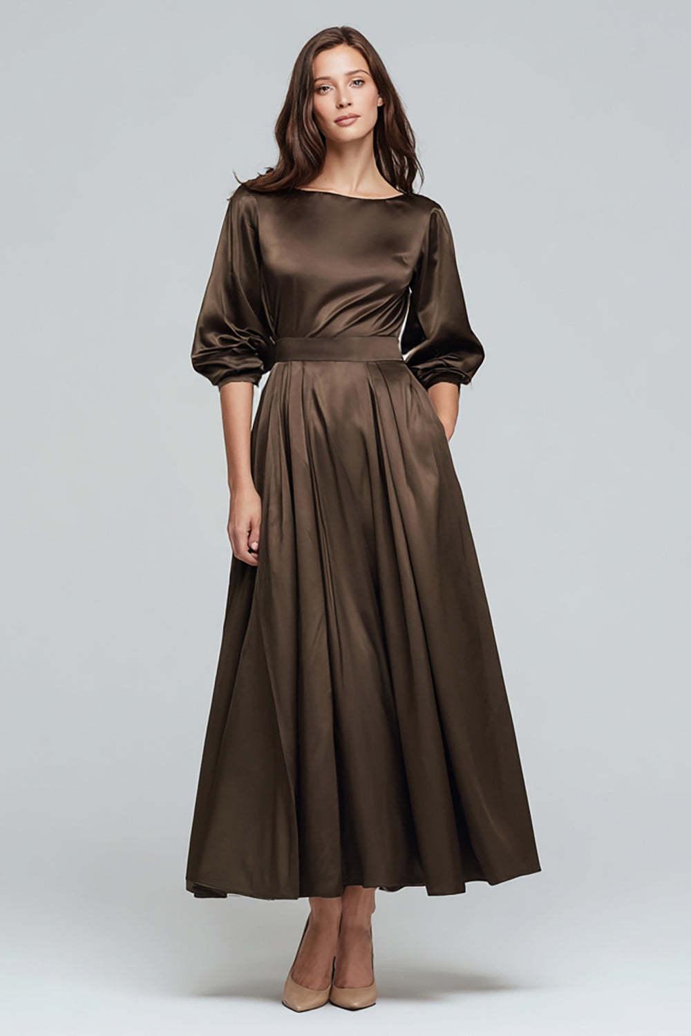 Suzhoufashion Coffee Satin Half Sleeves A-Line Long Evening Dress