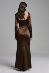 Suzhoufashion Coffee Satin Mermaid Square Neck Long Evening Dress With Sleeves