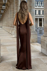 Suzhoufashion Coffee Sheath V Neck Backless Long Satin Prom Dress With Cape
