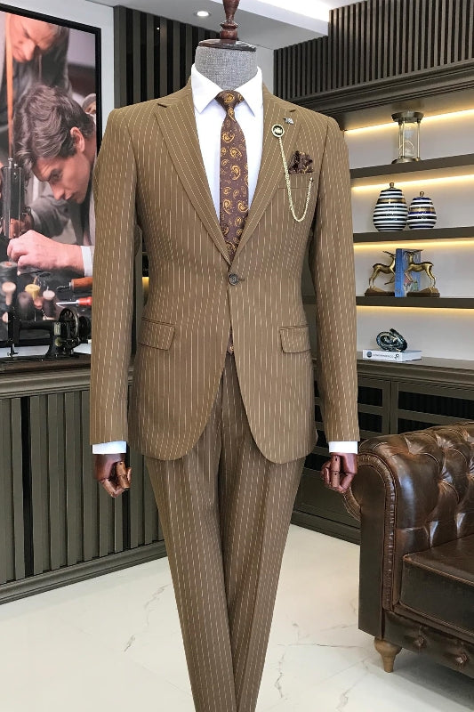 Coffee Striped Two Piece Notched Lapel Prom Suit