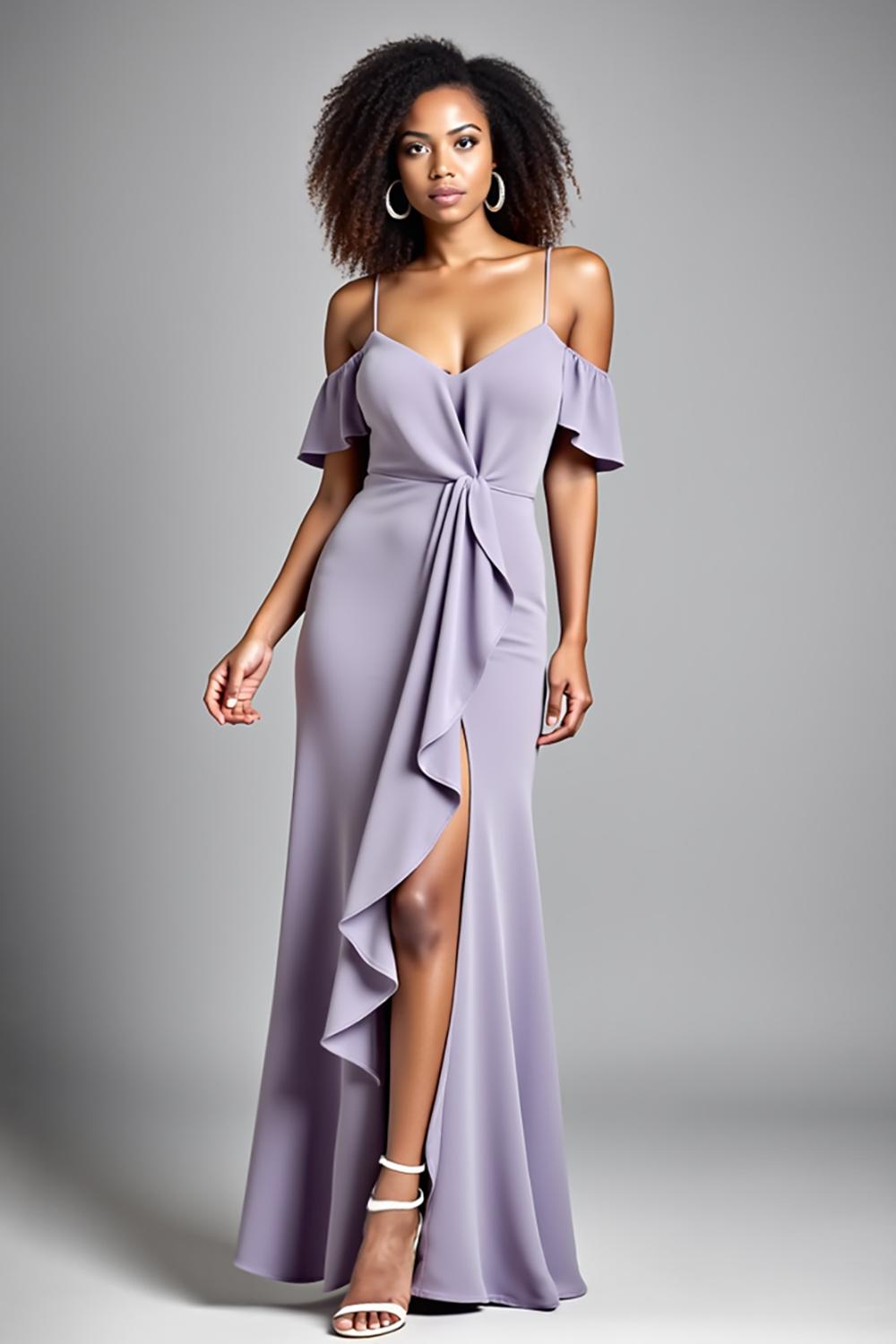 Cold Shoulder Ruffled Lilac Long Formal Dress With Slit