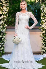Column Lace Long Sleeve White Wedding Dress Bridal Gown With Appliques