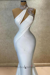 Column Satin High Neck Sleeveless White Wedding Dress Long Prom Dress With Ruffles